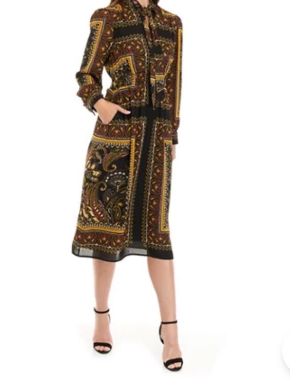 Tahari ASL Black Midi Dress with Gold and Brown Paisley